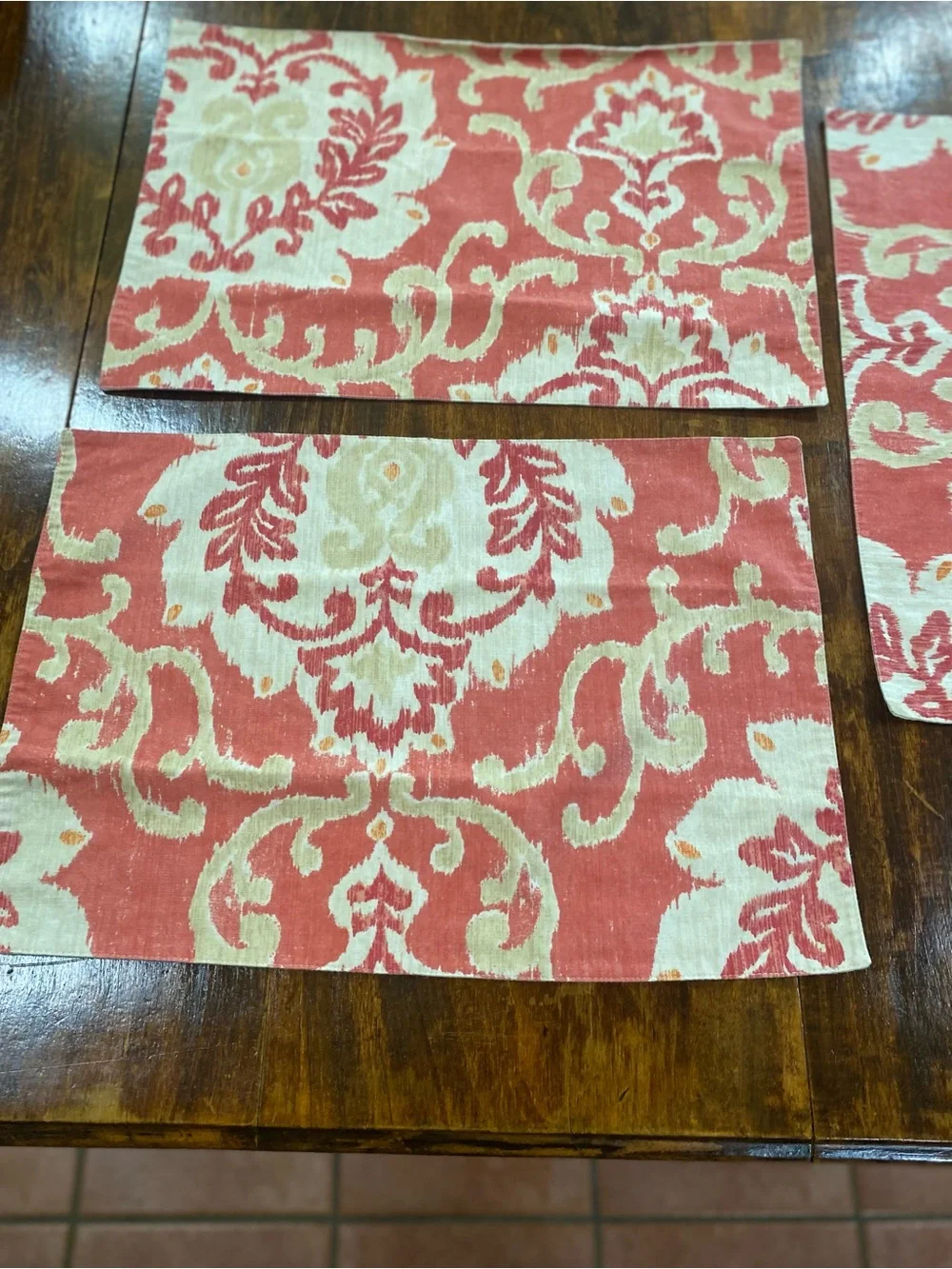 Pottery Barn Ikat Set of 3 Placemats Coral and Cream Casual Formal Linen Blend